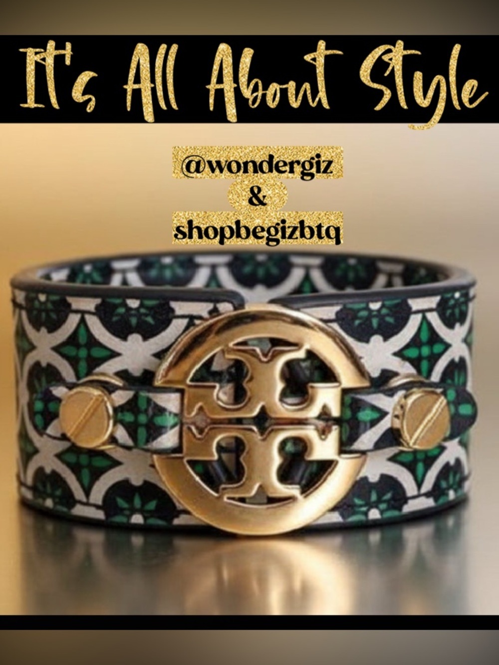 Authentic Tory Burch Cuff in Green Pattern Leather & Gold Signature Logo